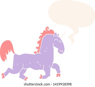 caricatura unicornio con burbuja de habla en estilo retro