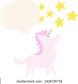 cartoon unicorn with speech bubble in retro style