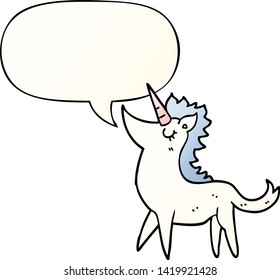 unicornio de dibujos animados con burbuja de voz en un estilo de gradiente suave