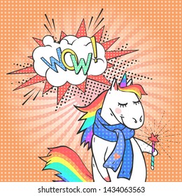 Cartoon unicorn and speech bubble with text WOW! Poster, greeting card or invitation in comic style. Vector pop art background.