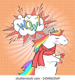 Cartoon unicorn and speech bubble with text WOW! Poster, greeting card or invitation in comic style. Vector pop art background.
