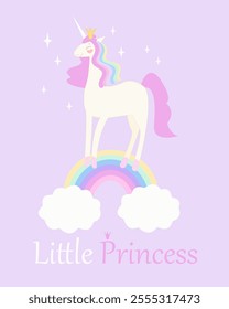 Cartoon  unicorn standing on rainbow  with clouds.Princess unicorn with a crown on her head with a pink and colorful mane on a light background.Vector background, postcard, party invitation.