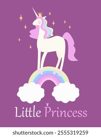 Cartoon unicorn standing on rainbow with clouds. Princess unicorn with a crown on her head with a pink and colorful mane on a dark background
Vector background, postcard, party invitation
