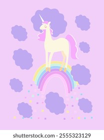 Cartoon unicorn standing on rainbow rainbow with colored rain and many clouds. Unicorn  with a pink  mane on a light pink background.Vector background, postcard, party invitation