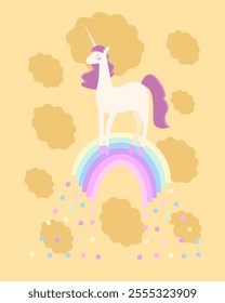 Cartoon unicorn standing on rainbow rainbow with colored rain and many clouds. Unicorn  with a pink  mane on a light orange background.Vector background, postcard, party invitation