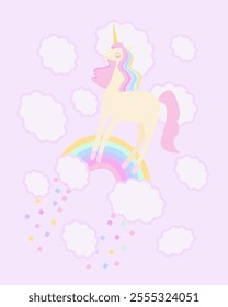 Cartoon unicorn standing on rainbow rainbow with colored rain and many clouds. Unicorn  with a pink  mane on a light pink background.Vector background, postcard, party invitation