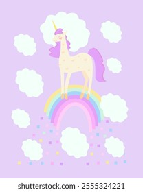 Cartoon unicorn standing on rainbow rainbow with colored rain and many clouds. Unicorn  with a pink  mane on a light pink background.Vector background, postcard, party invitation