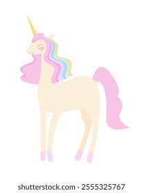 Cartoon unicorn standing.Beautiful unicorn with a pink and colorful mane on a white background
Vector background, postcard, party invitation
