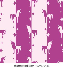 Cartoon unicorn and stars silhouettes, half colored on striped background, seamless pattern