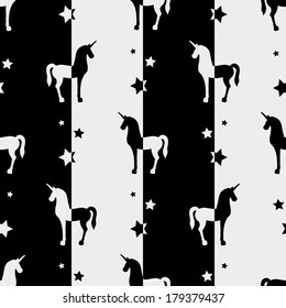 Cartoon unicorn and stars silhouettes, half colored on striped background, seamless pattern
