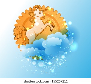 Cartoon unicorn, sun and clouds