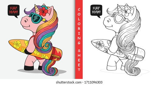 Cartoon Unicorn With Surfboard, Coloring Sheet For Stay Home Activity