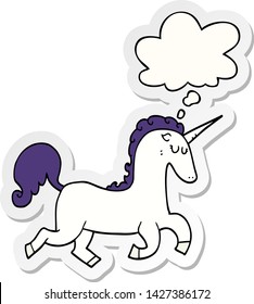 caricatura unicornio con burbuja de pensamiento como pegatina impresa