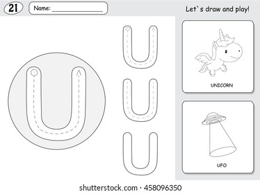 Cartoon unicorn and ufo. Alphabet tracing worksheet: writing A-Z, coloring book and educational game for kids