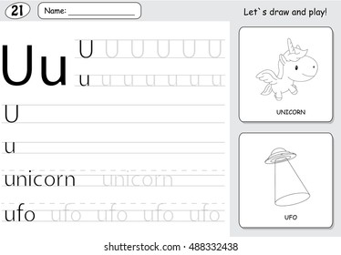 Cartoon unicorn and ufo. Alphabet tracing worksheet: writing A-Z, coloring book and educational game for kids