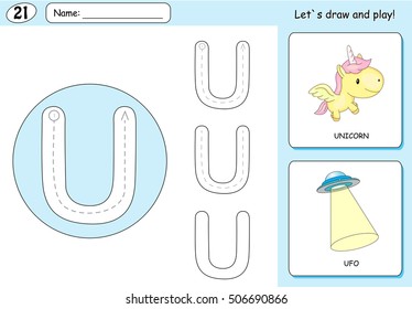 Cartoon unicorn and ufo. Alphabet tracing worksheet: writing A-Z, coloring book and educational game for kids