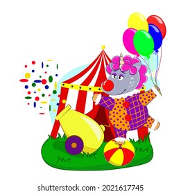 Cartoon unicorn wearing a clown costume on a ball