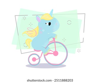 Cartoon unicorn with wings riding bike. Fantasy concept. Vector illustration can be used for topics like fairytale, children, dream, myth