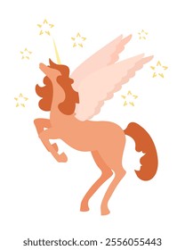 Cartoon unicorn with wings standing.Beautiful unicorn with a orange  mane on a white background decorated with stars.Vector background, postcard, party invitation.