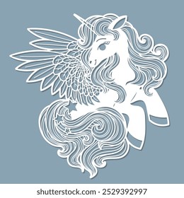 Cartoon unicorn with wings. Template for laser cutting from paper, cardboard, wood, metal. For design of postcards, interior elements, Christmas tree decorations, stickers, etc. Vector
