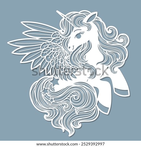 Cartoon unicorn with wings. Template for laser cutting from paper, cardboard, wood, metal. For design of postcards, interior elements, Christmas tree decorations, stickers, etc. Vector