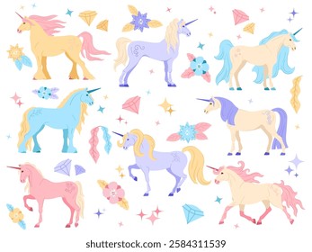 Cartoon unicorns. Cute fairy tale horses with magic horn, spark gems and flowers. Fantasy animal, magical princess stallion and glamour unicorn. Mythical horses isolated vector illustration set.