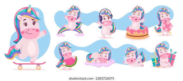 Cartoon unicorns. Funny cute fantasy animals in action poses exact vector templates set