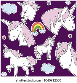 Cartoon unicorns on purple background