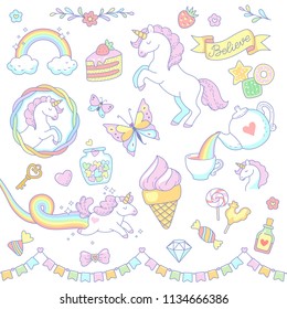 Cartoon unicorns, sweets, rainbow isolated on white background. Set of cute  objects and design elements for scrapbooking, design and decoration. 
