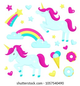 Cartoon unicorns vector. Rainbow, stars, hearts, ice cream, donuts. 