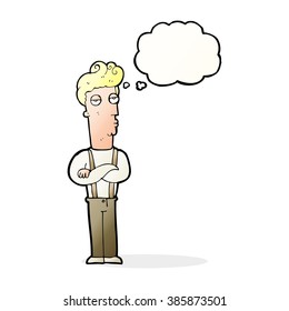 caricatura de un hombre sin impresionar con burbuja de pensamiento