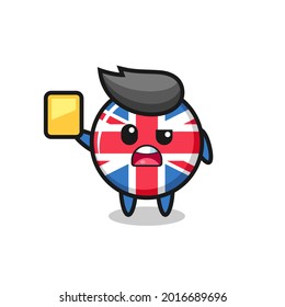 cartoon united kingdom flag badge character as a football referee giving a yellow card , cute style design for t shirt, sticker, logo element