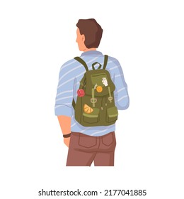 Cartoon university or college student on his way to school, flat character with schoolbag rear view. Vector young man with rucksack, male in casual cloth