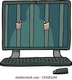 Cartoon of unknown person behind bars on computer screen