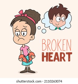 Cartoon unrequited  love concept. Broken heart illustration. Sad Woman with Broken Heart thinking about the boy.