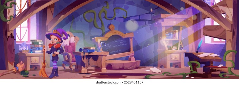 Cartoon upset and frustrated little girl witch in hat with broomstick standing in abandoned broken wizard school classroom with damaged and overgrown with plant veins furniture and equipment.