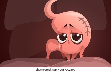 Cartoon Upset Stomach Character, Sad Crying Unhealthy Mascot With Seam. Gastritis, Ulcer, Stomachache, Abdomen Organ Pain Medical Concept For Gastroenterology Health Care Medicine, Vector Illustration