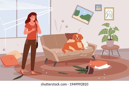 Cartoon upset woman scolding dog for mess and damaged furniture, frustrated female character about bad behaviour of domestic doggy puppy animal background. Problem of pet dog owner vector illustration