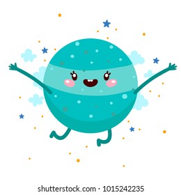 Cartoon Uranus With Clouds, God Of Greek Mythology, Planet, Vector Character, Solar System.