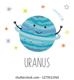 Cartoon Uranus planet. Vector illustration isolated on white background. Cute print for baby products.