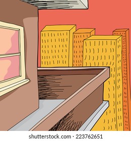 Cartoon urban apartment exterior with cityscape background