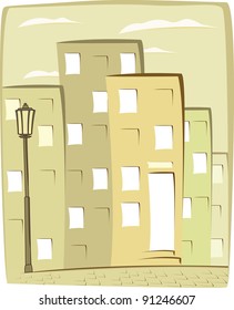 cartoon urban background with many houses and road
