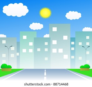 cartoon urban background with summer road and houses