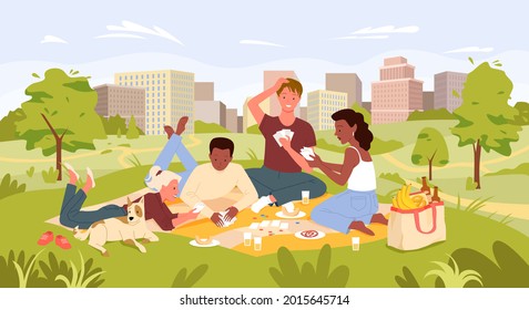 Cartoon urban cityscape with characters playing card game, drinking drinks and eating food from picnic bag together. Friends people on picnic party in summer city park landscape vector illustration.