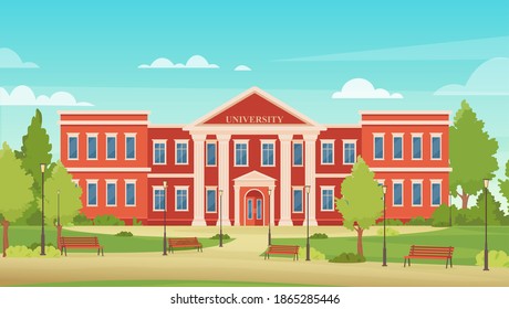 Cartoon urban cityscape with college campus facade or academy for students, entrance to library, high school or university architecture background. University campus city building vector illustration