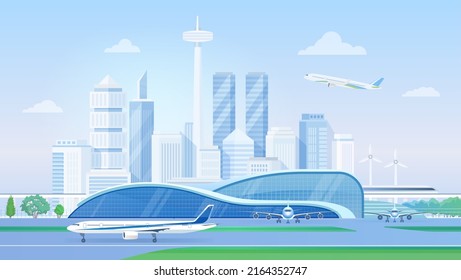 Cartoon urban panorama cityscape with airlines architecture, aircrafts on runway, towers of business skyscrapers background. Airport terminal with airplanes, modern city skyline vector illustration.