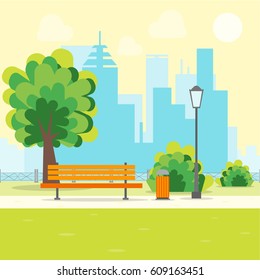 Cartoon Urban Park with Bench on a Landscape Background Flat Design Style. Vector illustration