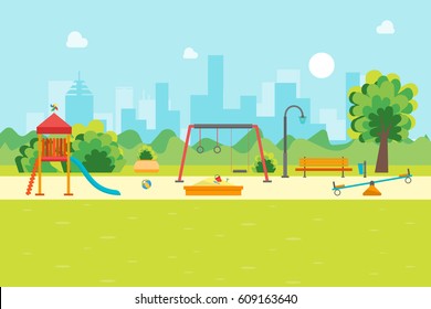 Cartoon Urban Park Kids Playground for Game and Activity, Flat Design Style. Vector illustration
