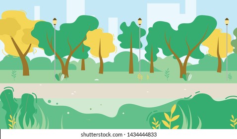 Cartoon Urban Public Green Park Vegetation And Walk Side With Lanterns. Natural Landscape And City Skyscrapers Silhouette On Skyline. Vector Flat Illustration. Rest Zone, Promenade Area For Recreation