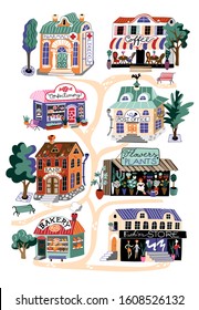 Cartoon urban shops and municipal buildings flat set. Pharmacy, confectionary, bank, bakery, coffee-shop, post office, flowers plants store, fashion boutique. Business and retail. Vector Illustration